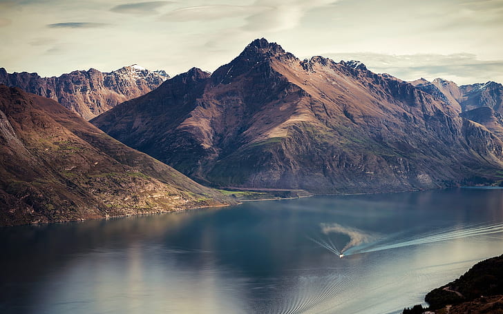 Lago Wakatipu, Queenstown, Nova Zelândia, montanhas, rio, barco, Lago, Wakatipu, Queenstown, Nova Zelândia, montanhas, rio, barco, HD papel de parede