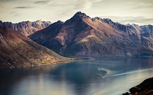 Езерото Wakatipu, Куинстаун, Нова Зеландия, планини, река, лодка, езеро, Wakatipu, Queenstown, Нова, Зеландия, планини, река, лодка, HD тапет HD wallpaper