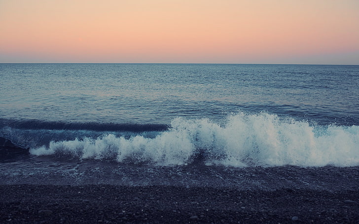 costa, mar, horizonte, olas, grava, cielo, Fondo de pantalla HD