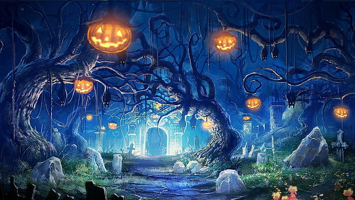хэллоуин, тыквы, праздник, замок, ворота, могилы, бейтс, ночь, огни, тьма, страх, праздник, HD обои