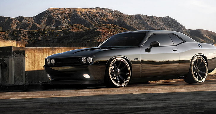 black coupe, Dodge Challenger SRT, car, muscle cars, HD wallpaper