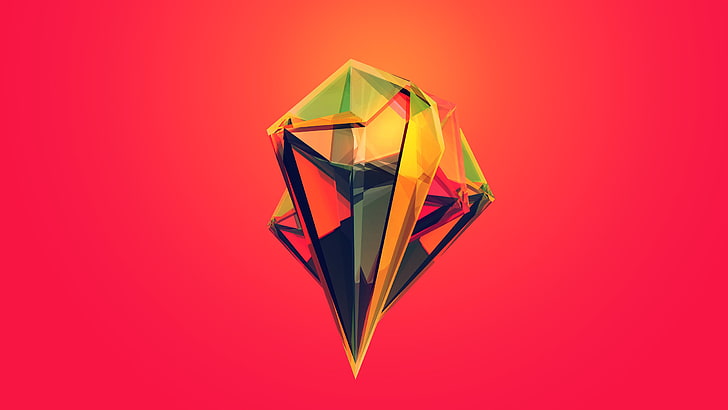 logotipo de diamante amarillo y rojo, ilustración de diamante multicolor, facetas, Justin Maller, arte digital, degradado, colorido, Fondo de pantalla HD