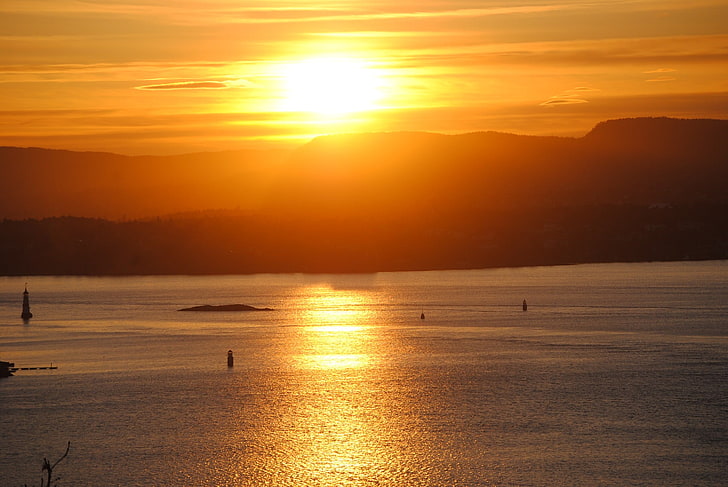 غروب الشمس ، المناظر الطبيعية ، أوسلو ، النرويج ، البحر، خلفية HD