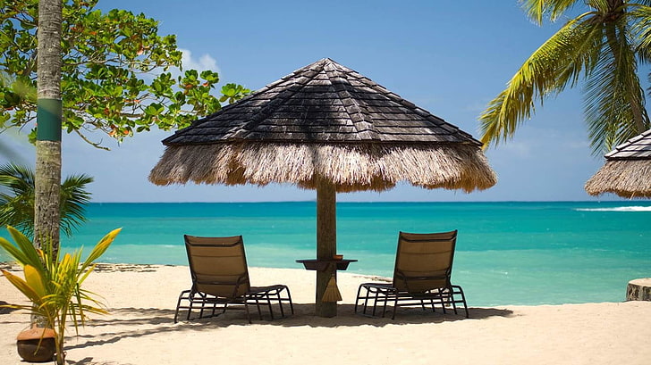 brązowa chata domek, wyspa, plaża, parasol, palmy, piasek, morze, tropikalny, natura, wakacje, krajobraz, lato, turkus, zieleń, Tapety HD