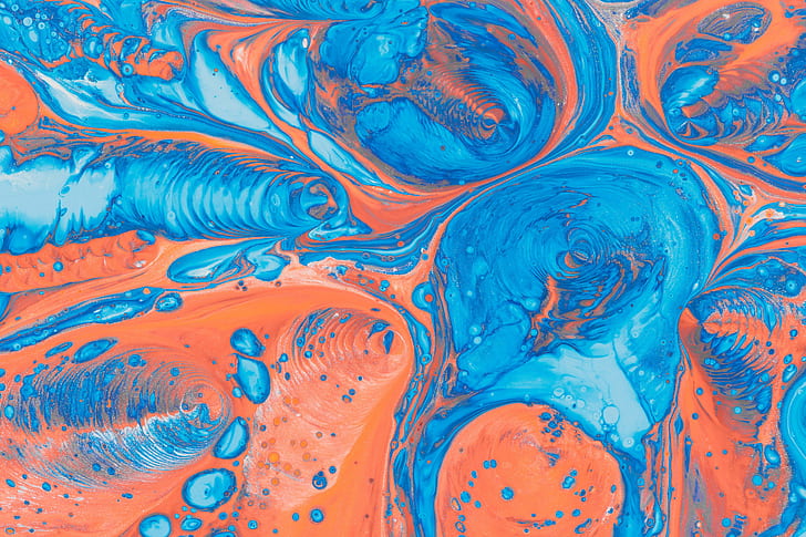 paint splatter, paint splash, abstract, colorful, orange, blue, white, HD wallpaper