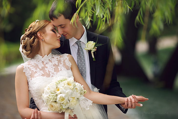 рокля, прегръдки, влюбени, булката, сватба, младоженецът, HD тапет