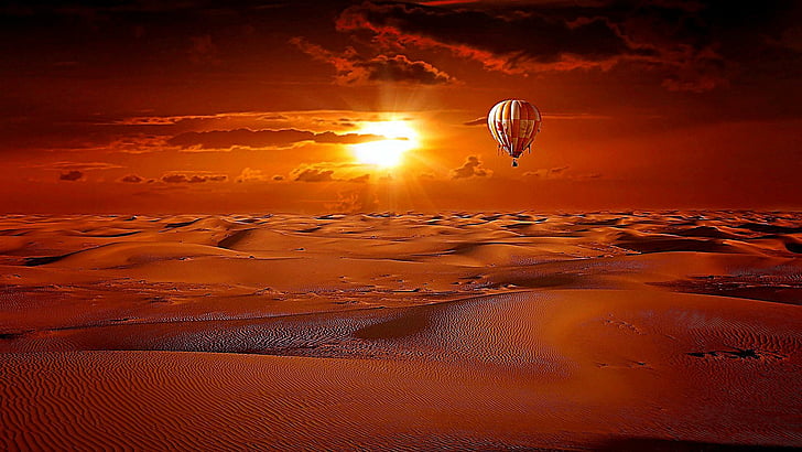 hot air balloon, air balloon, desert, air, landscape, horizon, sun, sky, sunrise, morning, sunlight, sand, calm, HD wallpaper