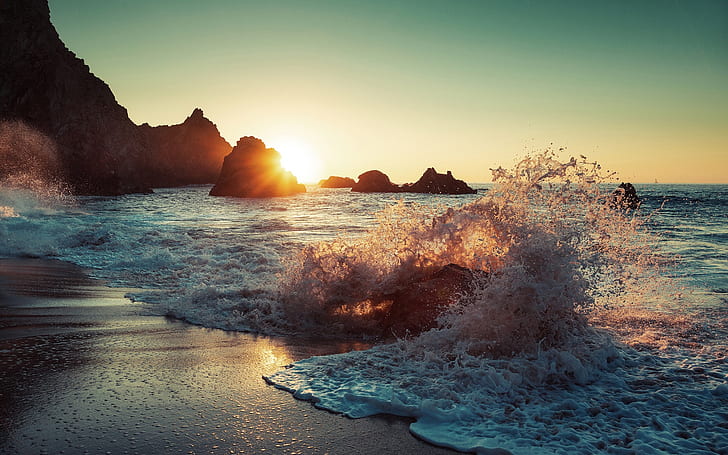 Sea waves, spray, beach, rocks, sun, Sea, Waves, Spray, Beach, Rocks, Sun, HD wallpaper