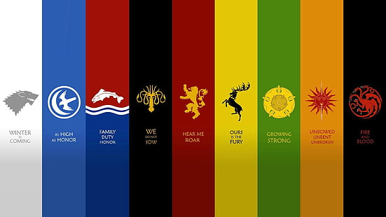 red sun signage, Game of Thrones, sigils, House Stark, House Arryn, House Tully, House Greyjoy, House Lannister, House Baratheon, House Martell, House Tyrell, House Targaryen, panels, collage, spurs, HD wallpaper HD wallpaper