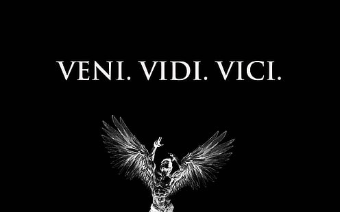 pria dengan sayap ilustrasi dengan veni vidi vici overlay teks, Zyzz Veni Vidi Vici, Latin, minimalis, malaikat, tipografi, latar belakang hitam, monokrom, Wallpaper HD HD wallpaper