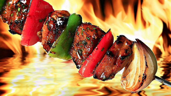 screwed grilled meat, food, meat, fire, barbecue, HD wallpaper