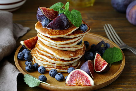 Food, Pancake, Blueberry, Breakfast, Fruit, Plum, HD wallpaper HD wallpaper