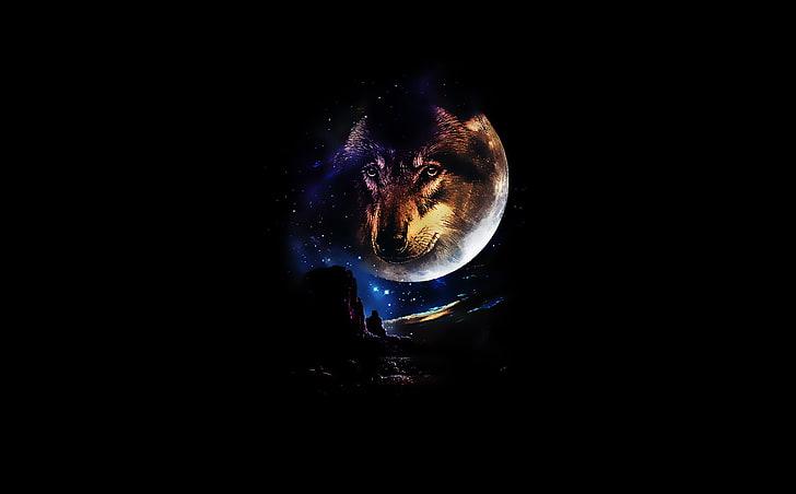 Moon with wolf overlay wallpaper, look, stars, mountains, night, the moon,  HD wallpaper | Wallpaperbetter