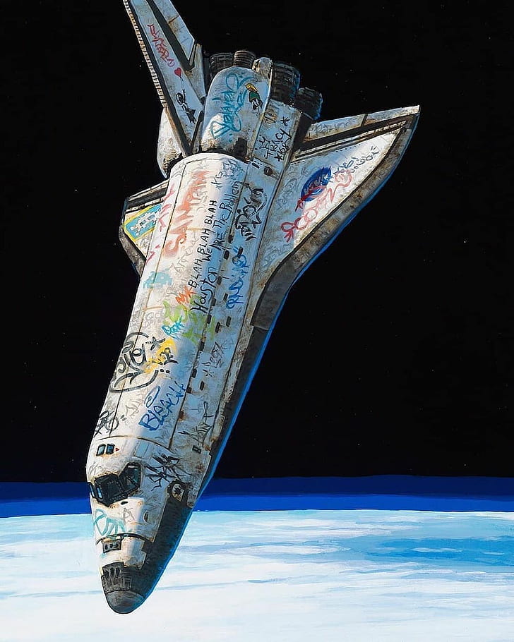pesawat ulang-alik, ruang, Bumi, grafiti, bintang, Wallpaper HD, wallpaper seluler