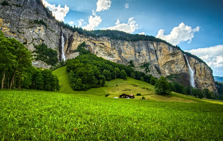 landskap foto av gräsbevuxen fält, min dröm, dröm hem, landskap, foto, gräsbevuxen, fält, Schweiz, schweiziska, faller, vattenfall, dal, Lauterbrunnen, Berner Oberland, HDR, natur, berg, utomhus, scenics, sommar, sten , grön Färg, dolomiter, HD tapet