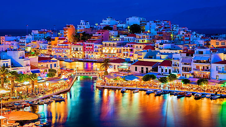 クレタ島、アギオスニコラオス、ギリシャ、ヨーロッパ、都市景観、街の明かり、見事な、美しい、 HDデスクトップの壁紙