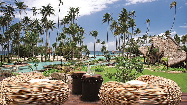 Resort, mer, palmiers, piscine, Laucala Island, Fidji, Resort, mer, palmier, arbres, piscine, Laucala, Island, Fidji, Fond d'écran HD