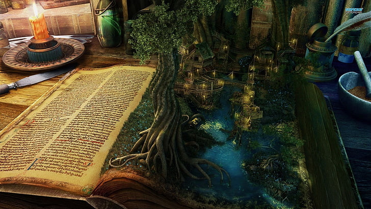 opened book with trees and houses painting, digital art, fantasy art, books, candles, trees, artwork, HD wallpaper