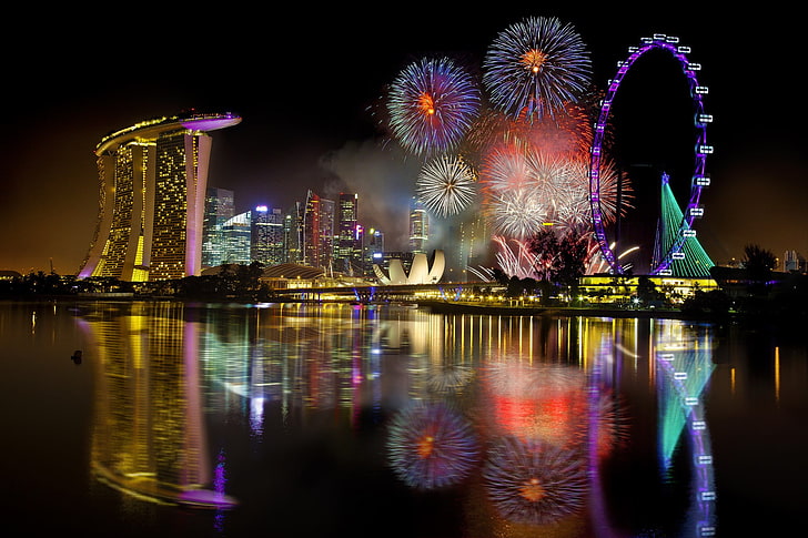Marina Bay Sands, fyrverkerier, stad, Singapore, HD tapet