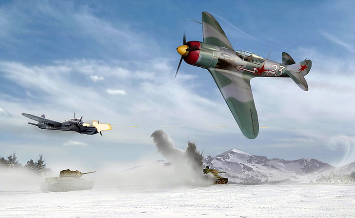 game scene, the plane, fighter, art, artist, USSR, the battle, BBC, under, WWII, created, single-engine, The-5, WW2., single, a, monoplane, leadership, the air, earth, La-5, Ron Cole, OKB-21, is, S. A. Lavochkina, Siviet, HD wallpaper