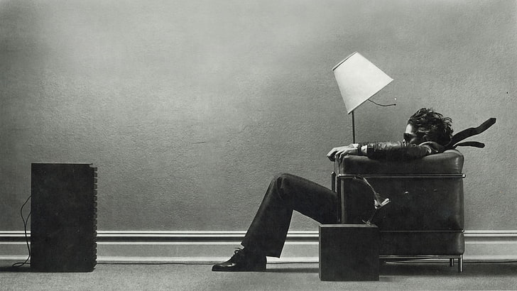 man sitting on armchair illustration, music, HD wallpaper