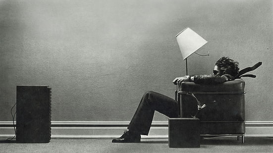 homme assis sur une illustration de fauteuil, musique, Fond d'écran HD HD wallpaper