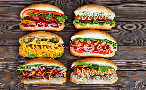 food, sandwich, sandwiches, hot dogs, jalapenos, cheese, Onions, tomatoes, lettuce, chips, peppers, HD wallpaper HD wallpaper