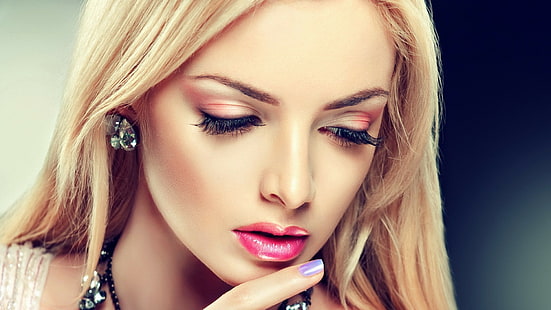 kobiety, twarz, blondynka, makijaż, pomalowane paznokcie, Tapety HD HD wallpaper