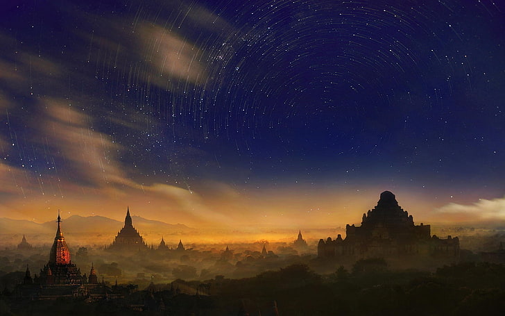 Bagan, Birmania, Exposición larga, Myanmar, cielo, espacio, estrellas, Weerapong Chaipuck, Fondo de pantalla HD