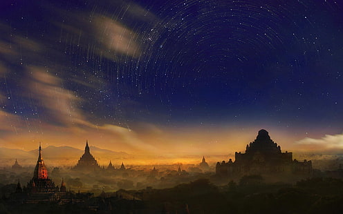 Bagan, Birmânia, longa exposição, Myanmar, céu, espaço, estrelas, Weerapong Chaipuck, HD papel de parede HD wallpaper