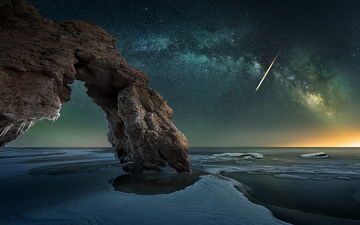 formación de roca gris, naturaleza, paisaje, Vía Láctea, roca, hielo, mar, noche estrellada, luz natural, larga exposición, Fondo de pantalla HD