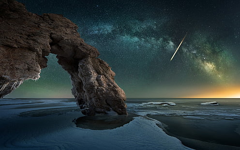 formación de roca gris, naturaleza, paisaje, Vía Láctea, roca, hielo, mar, noche estrellada, luz natural, larga exposición, Fondo de pantalla HD HD wallpaper