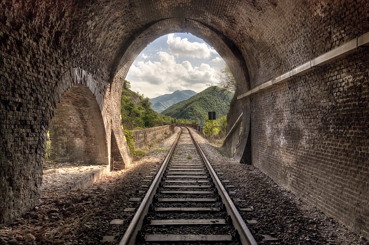 train track tunnel illustration, tunnel, arch, railway, bricks, stones, HDR, hills, trees, clouds, HD wallpaper