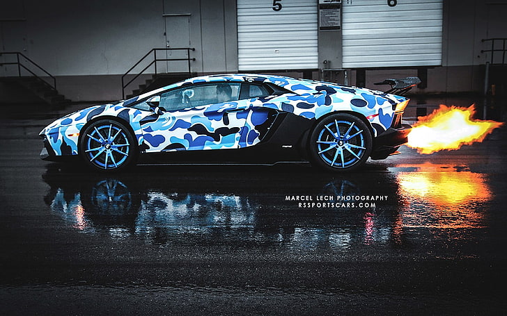 mobil sport kamuflase biru dan putih, mobil, Mobil Super, Lamborghini, Wallpaper HD