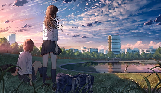 небо, короткие волосы, длинные волосы, пейзаж, школьная форма, город, школьница, озеро, аниме, HD обои HD wallpaper