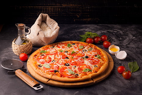 Еда, пицца, масло, натюрморт, помидор, HD обои HD wallpaper