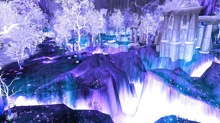 tirai bunga ungu dan ungu, biru, World of Warcraft, Blizzard Entertainment, video game, Hutan Crystalsong, Wallpaper HD