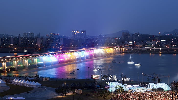 Han River, bridge, rainbow illumination, night, Seoul, South Korea, white and black boats, Han, River, Bridge, Rainbow, Illumination, Night, Seoul, South, Korea, HD wallpaper