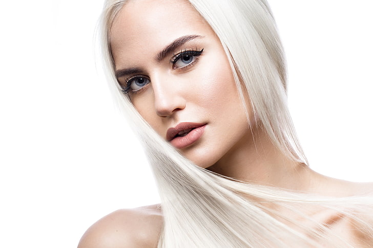 face, white background, makeup, portrait, simple background, model, women, long hair, HD wallpaper