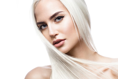 makijaż, twarz, proste tło, białe tło, modelka, kobiety, portret, długie włosy, Tapety HD HD wallpaper