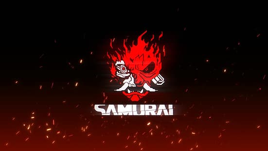 Cyberpunk 2077, samurai, samurai cyberpunk, fogo, fundo simples, HD papel de parede HD wallpaper