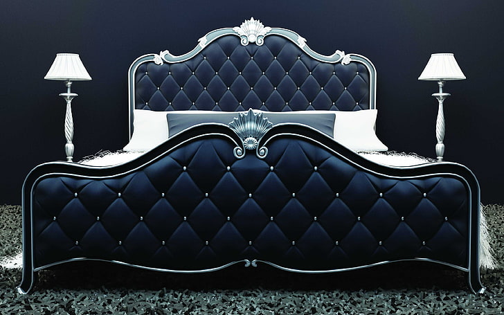 black bed headboard, style, lamp, pillow, Bed, upholstery, HD wallpaper
