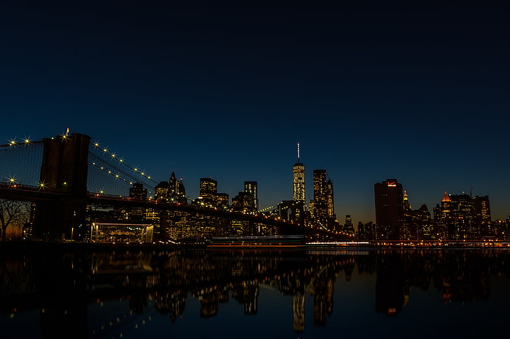 мост, городской пейзаж, город, огни, ночь, нью-йорк, HD обои