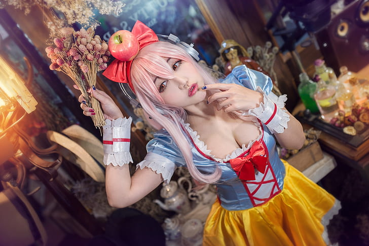 chest, look, girl, light, reverie, face, pose, style, background, room, hair, furniture, Apple, skirt, portrait, hands, makeup, headphones, dress, hairstyle, blonde, costume, outfit, neckline, image, Asian, bow, cutie, the room, yellow, a bunch, cosplay, lenses, brown eyes, manicure, bangs, long-haired, HD wallpaper