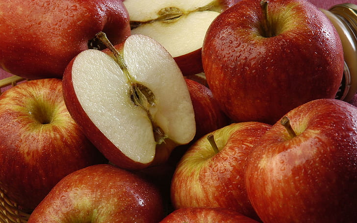 яблоки, еда, фрукты, капли воды, HD обои