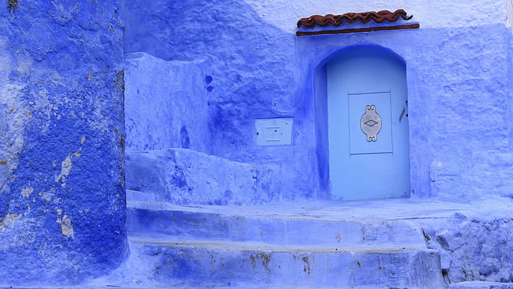 Blue Doorway, blue concrete house, weird, chefchaouen, blue doorway, morocco, animals, HD wallpaper