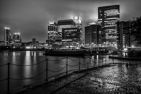 المدن ، لندن ، الأسود والأبيض ، القارب ، المدينة ، الضوء ، الليل، خلفية HD HD wallpaper