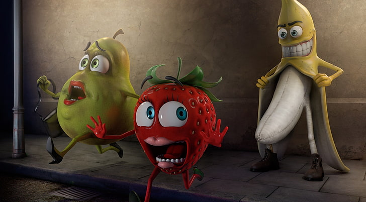 Banana Stalker، Sausage Party Pear، Strawberry، and Banana رسوم متحركة ثلاثية الأبعاد ، مضحك ، فراولة ، موز ، مطارد موز ، كمثرى، خلفية HD
