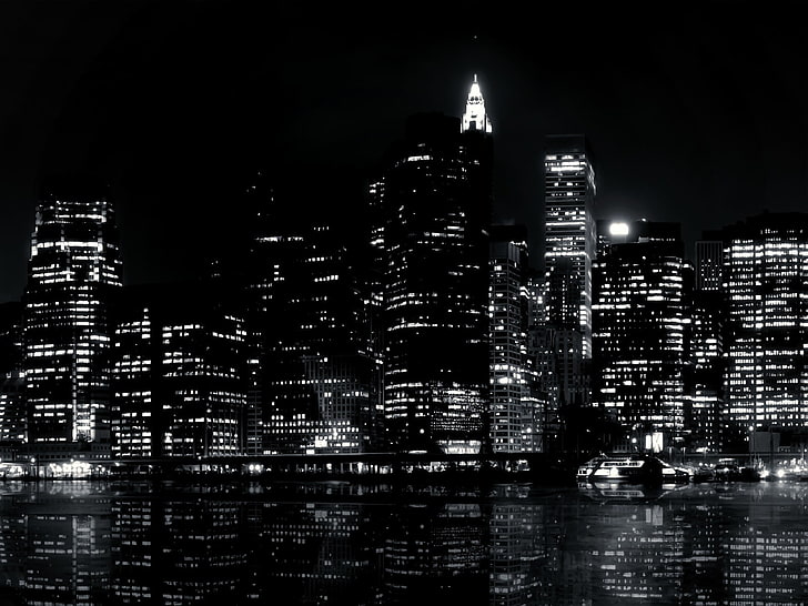 torre de computador preto e branco, cidade, paisagem urbana, reflexão, noite, HD papel de parede