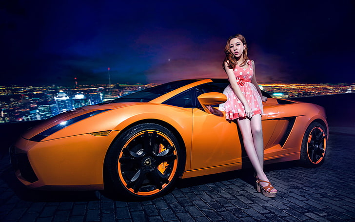 оранжевый Lamborghini Gallardo, машина, авто, девушка, модель, азиатка, машина, Lamborghini Gallardo, корейская модель, HD обои